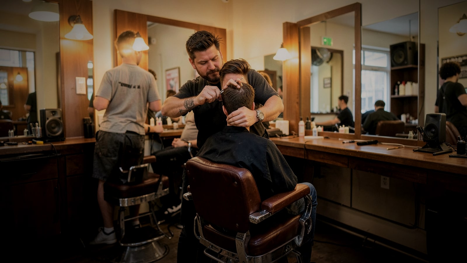 Barber trimming a client's hair in a modern barbershop with a small speaker on a shelf
