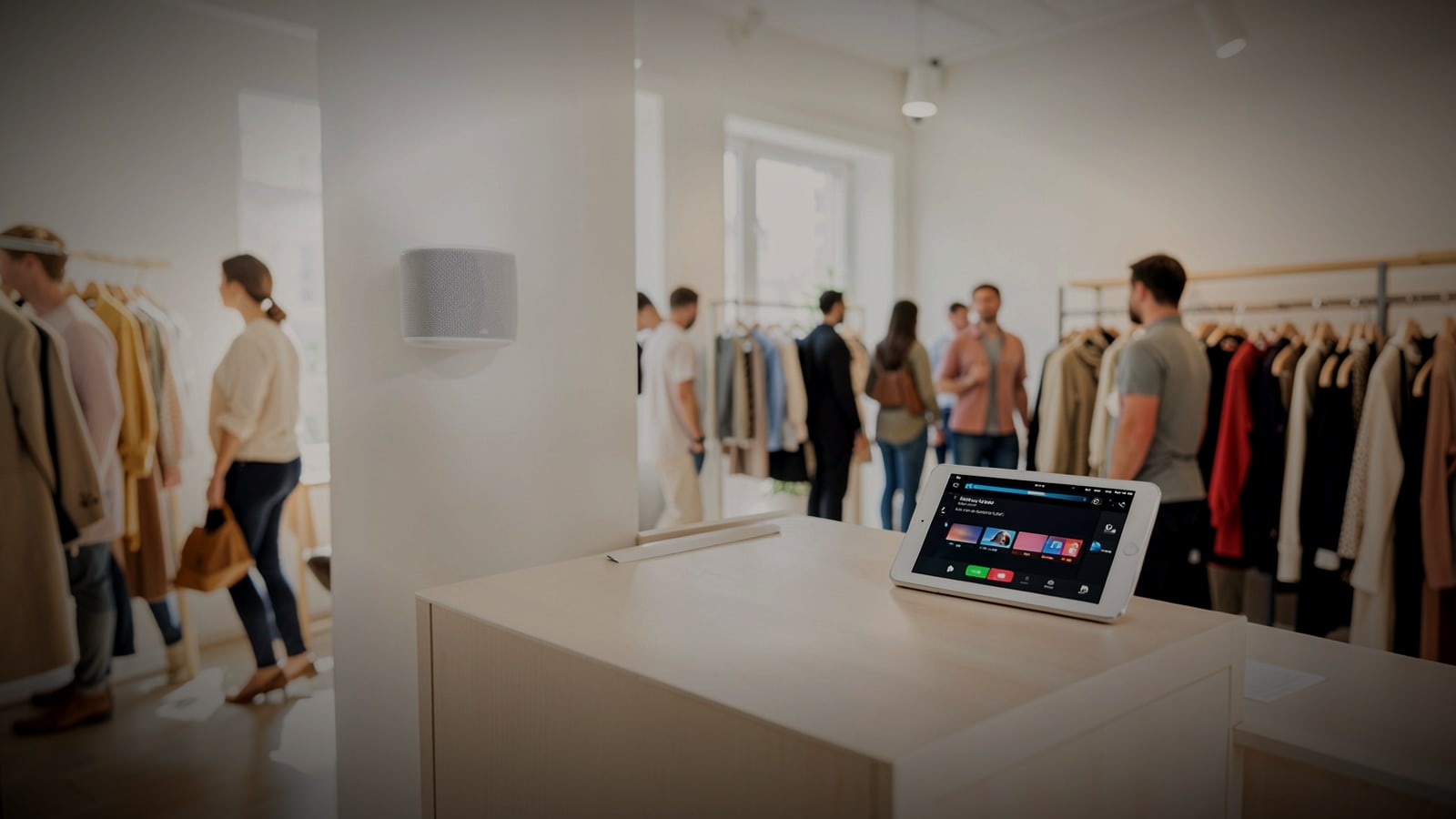 Boutique shop with a wall speaker and a tablet music player on the checkout counter