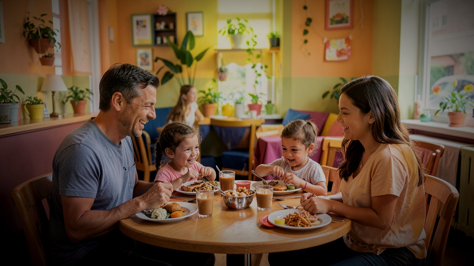 Parents and young children having lunch in a family-friendly restaurant