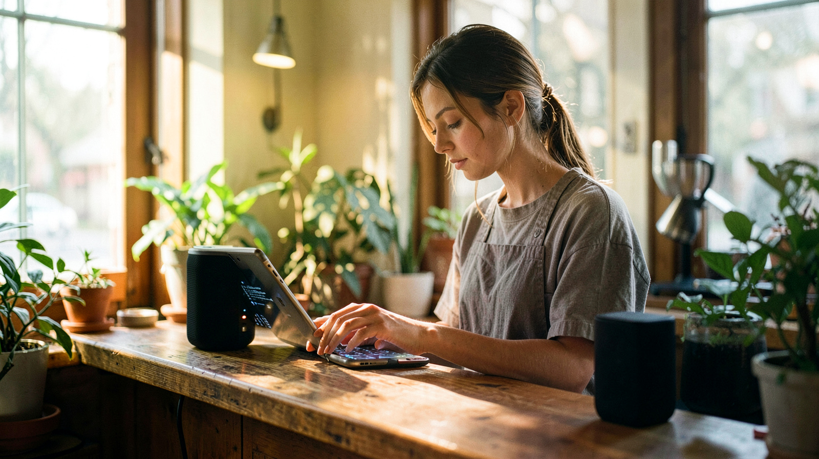 Coffee shop owner choosing background music on a tablet behind the counter