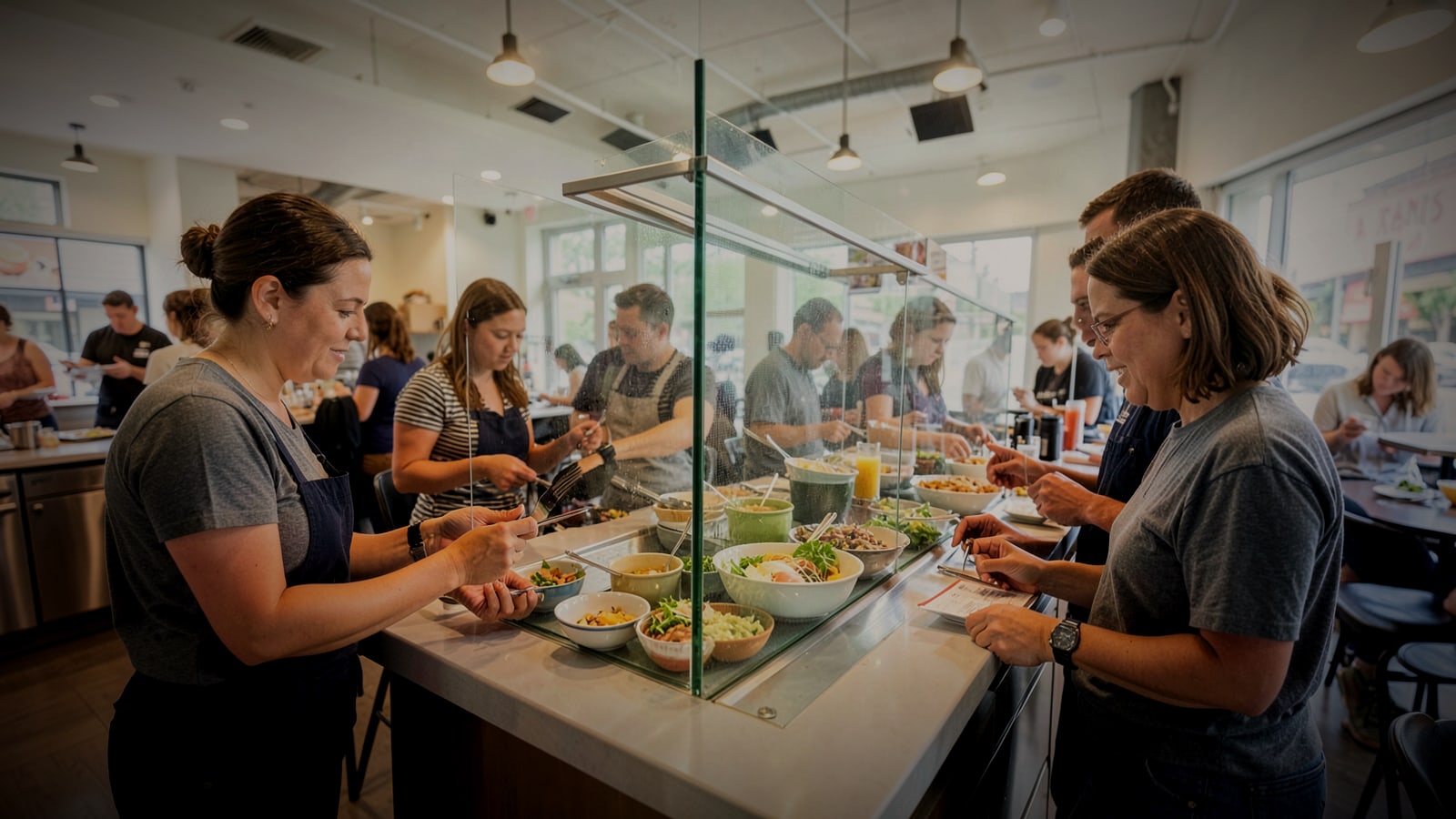 Customers ordering at the counter of a busy fast casual restaurant at lunchtime