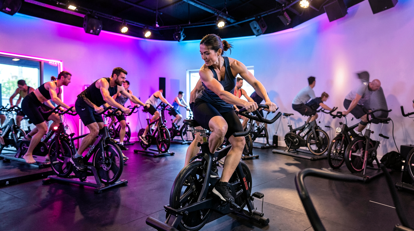 Indoor cycling class in a gym studio with wall speakers