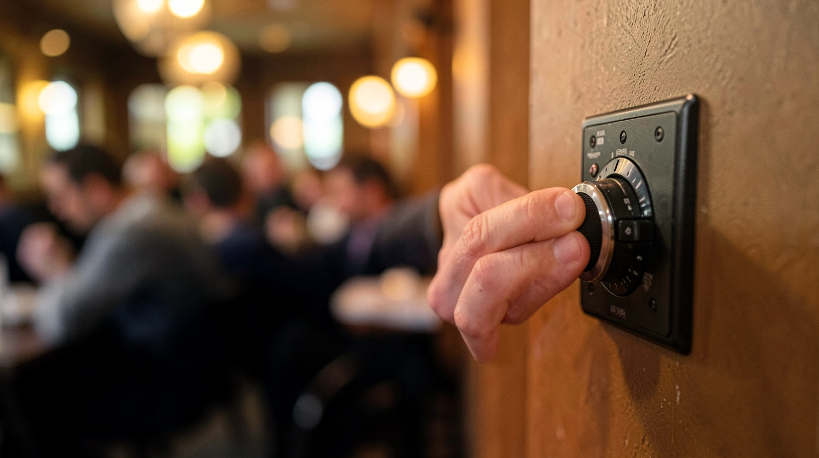Hand adjusting the music volume on a restaurant wall control