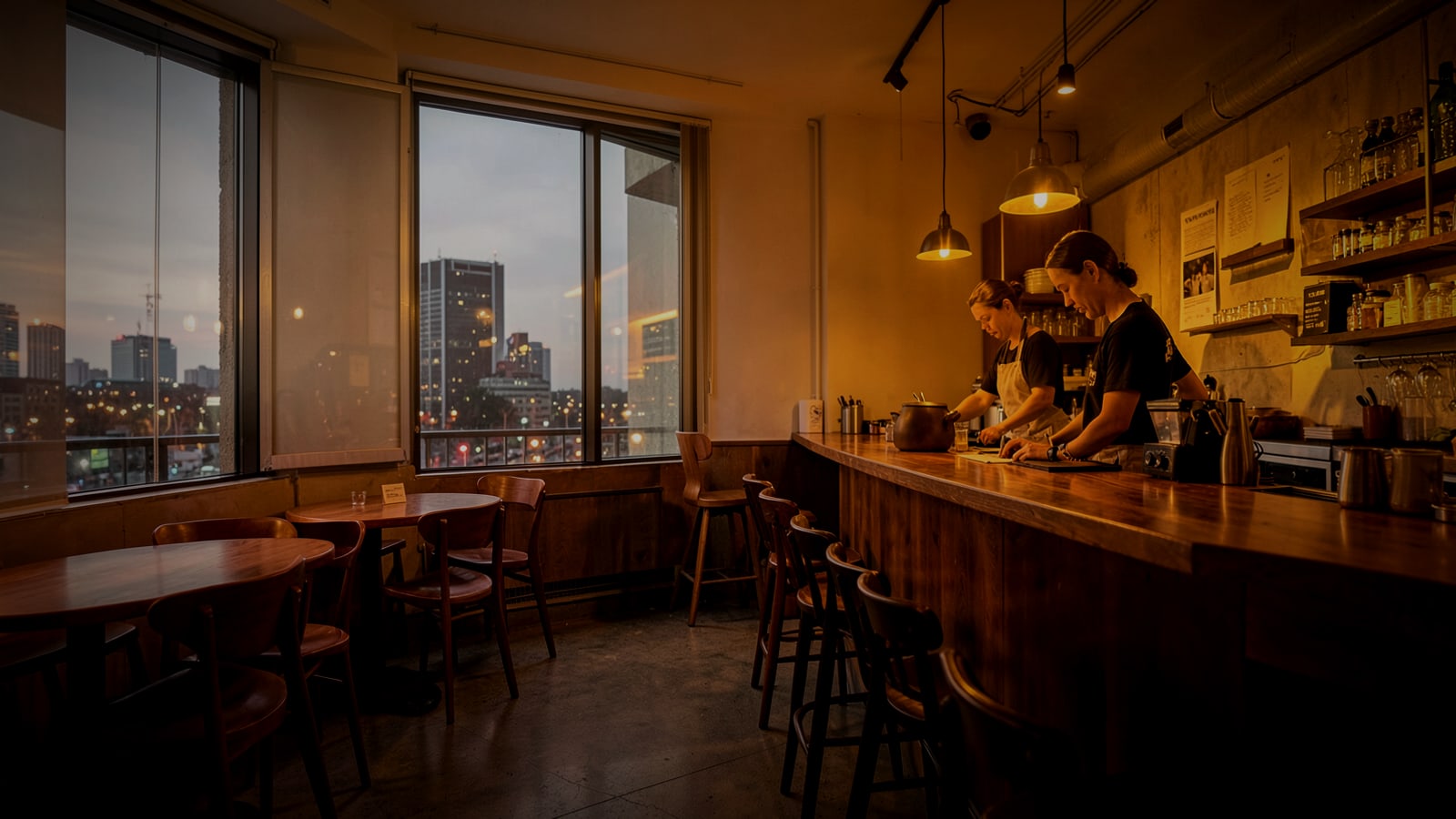 Barista cleaning the counter of a cafe in warm evening light