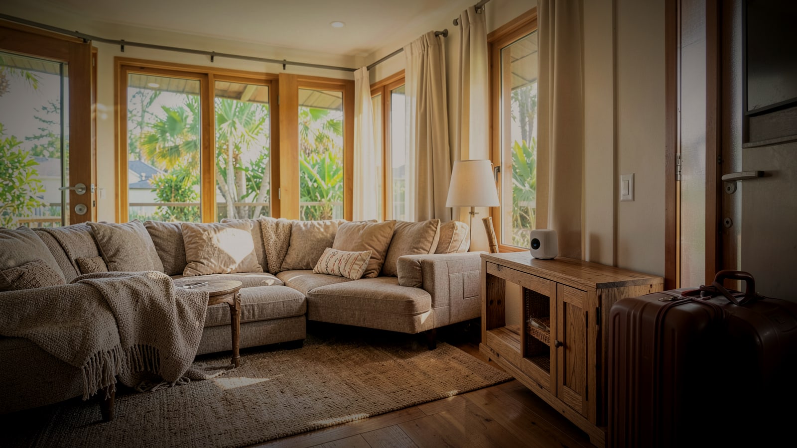 Vacation rental living room with a small speaker and suitcases by the door