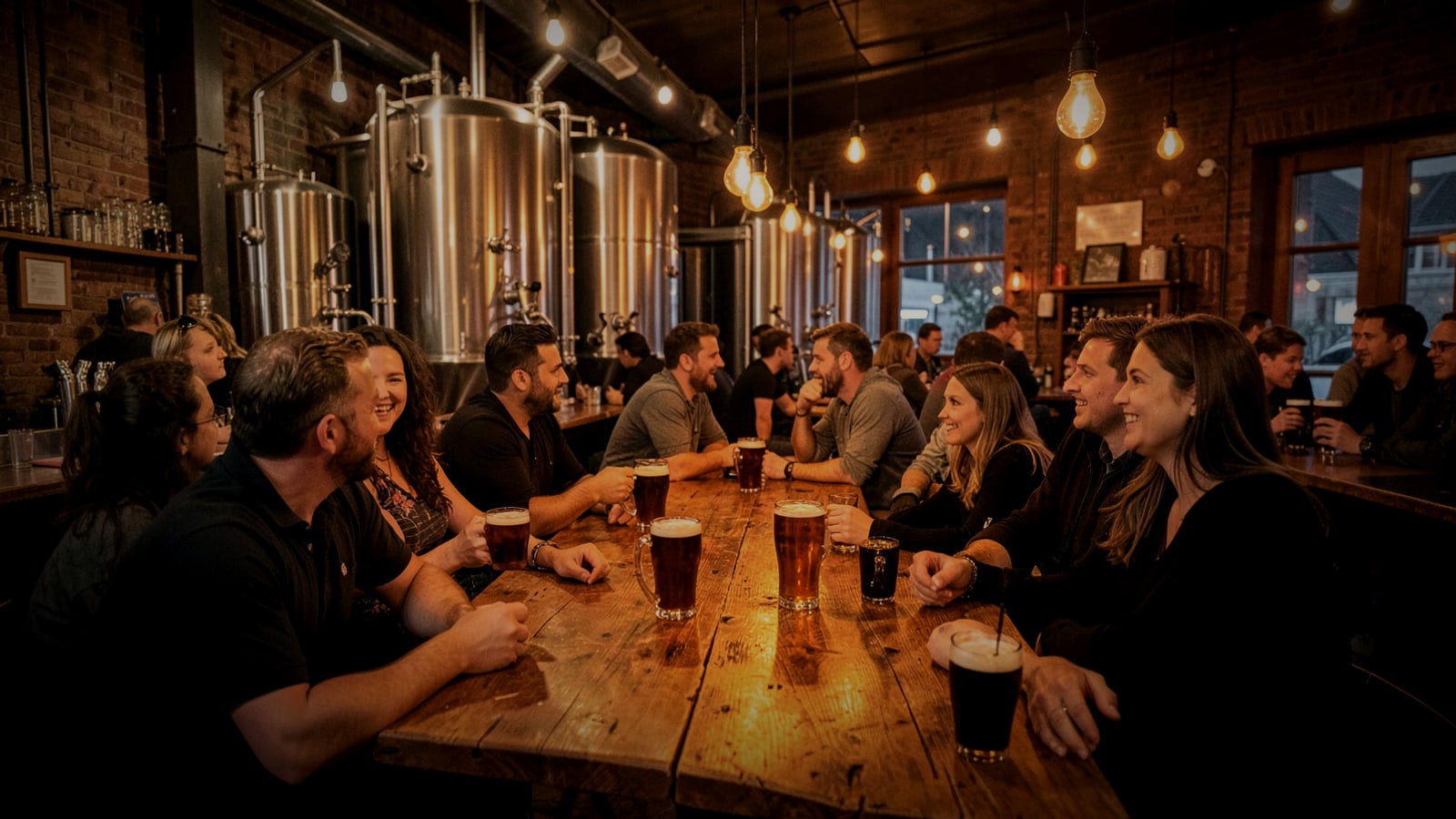 Friends sharing beers at long tables in a craft brewery taproom