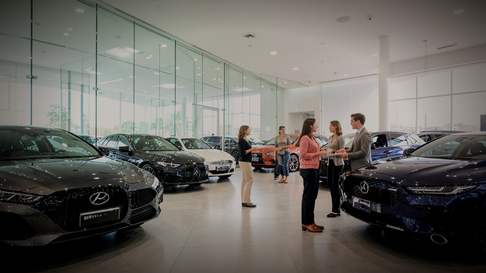 Couple talking with a salesperson in a modern car showroom