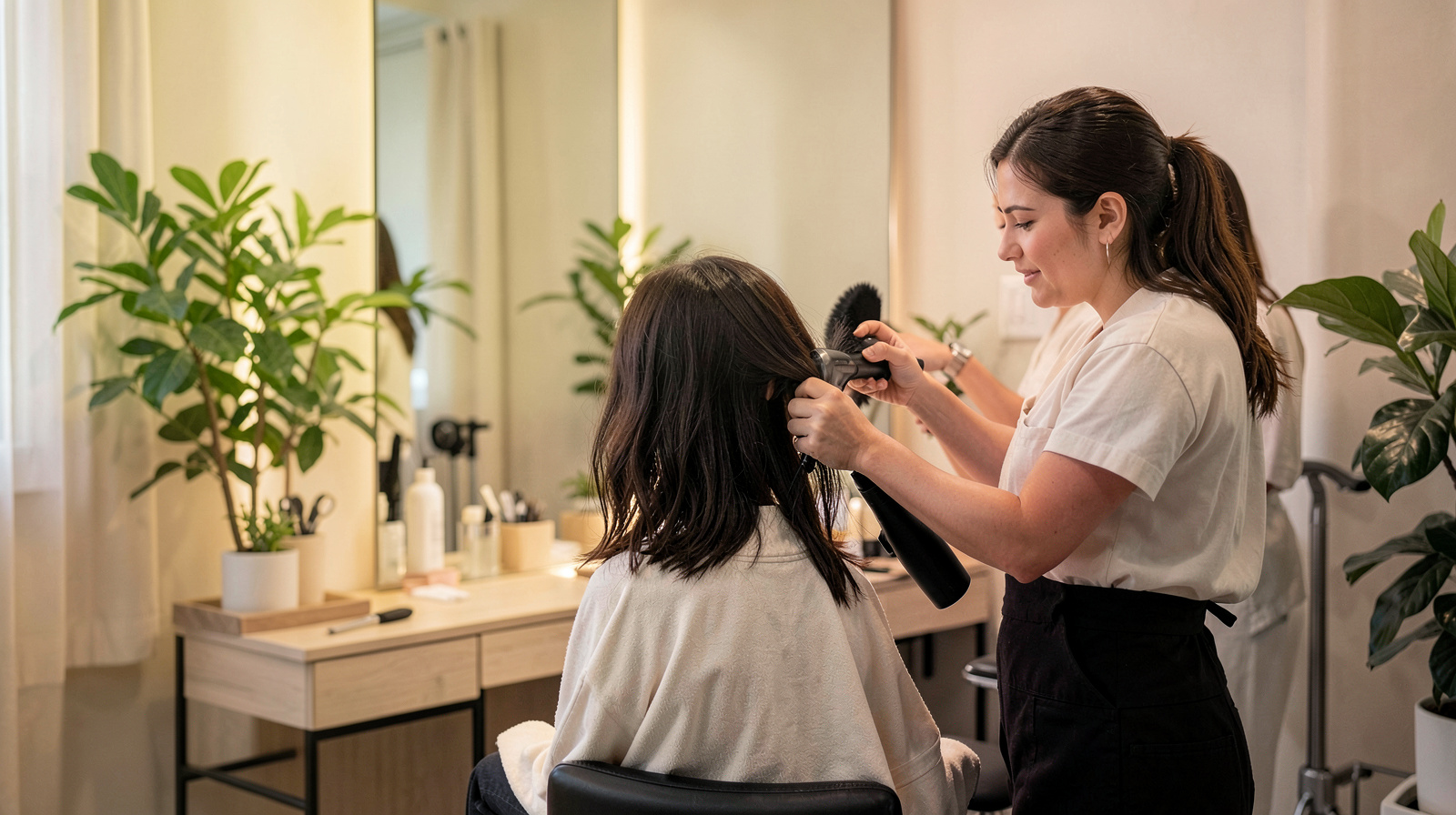 Stylist styling a client's hair in a calm modern salon