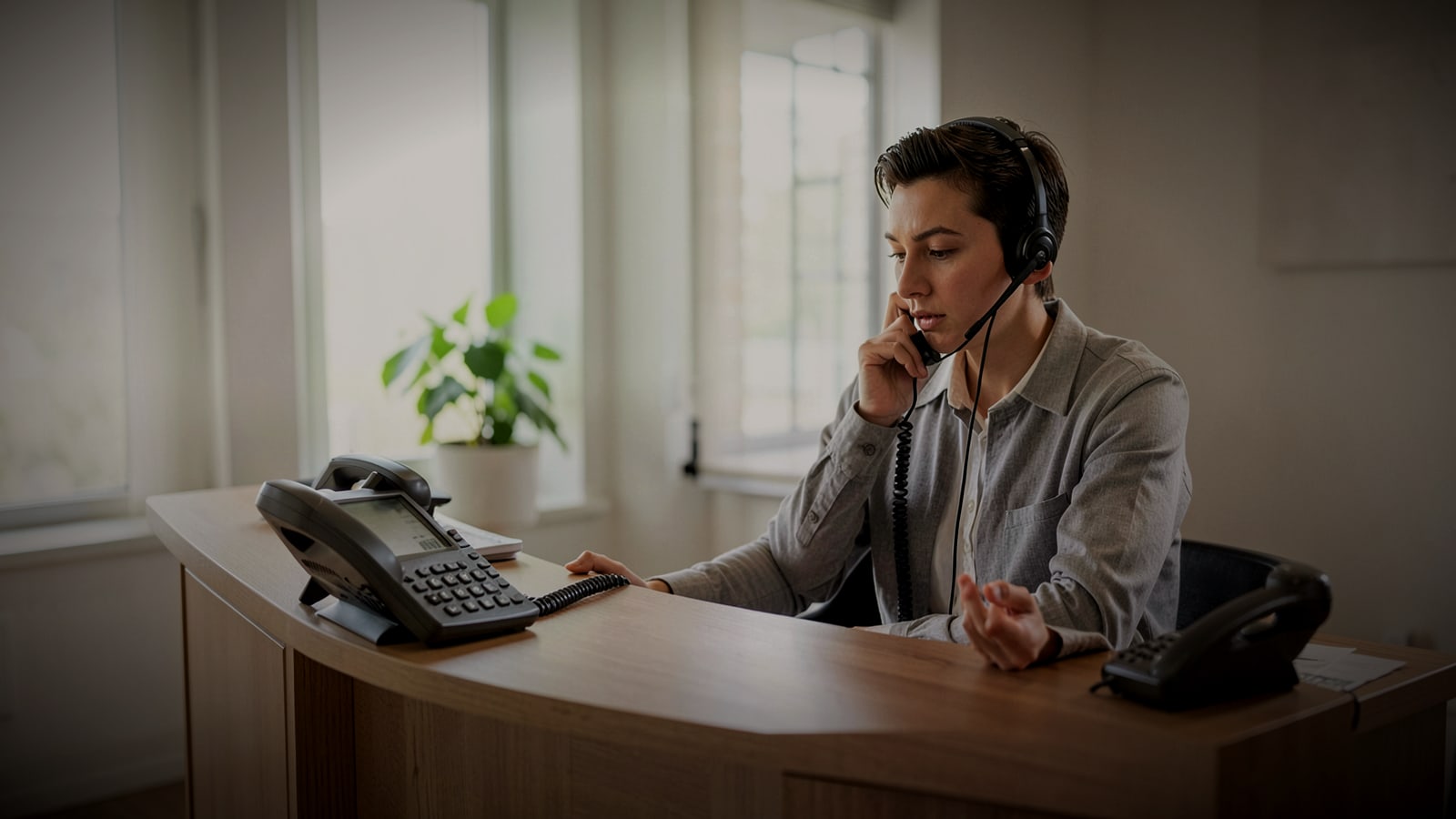 Receptionist with a headset taking a call at a small business front desk