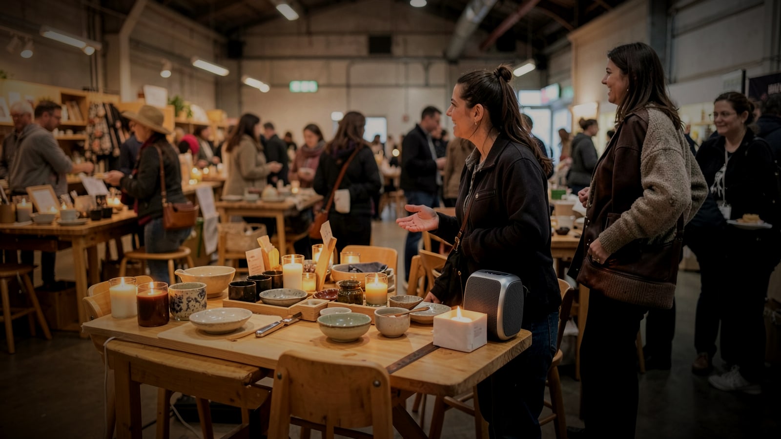 Seller chatting with a shopper at a pop-up stall with handmade ceramics and a portable speaker