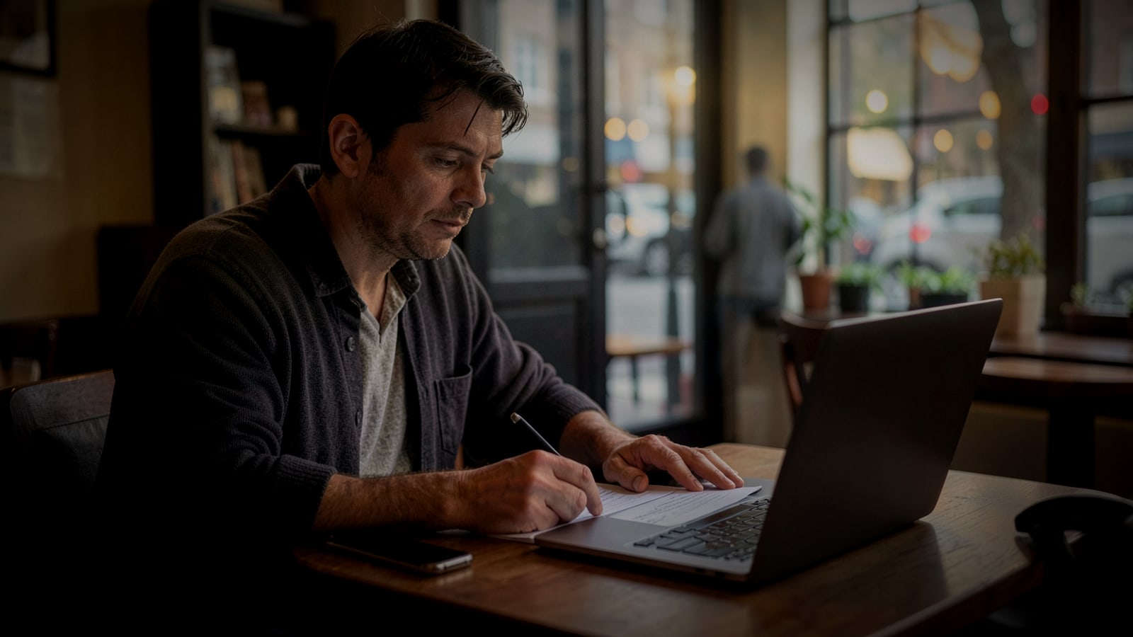 Cafe owner reviewing paperwork and a laptop after closing time
