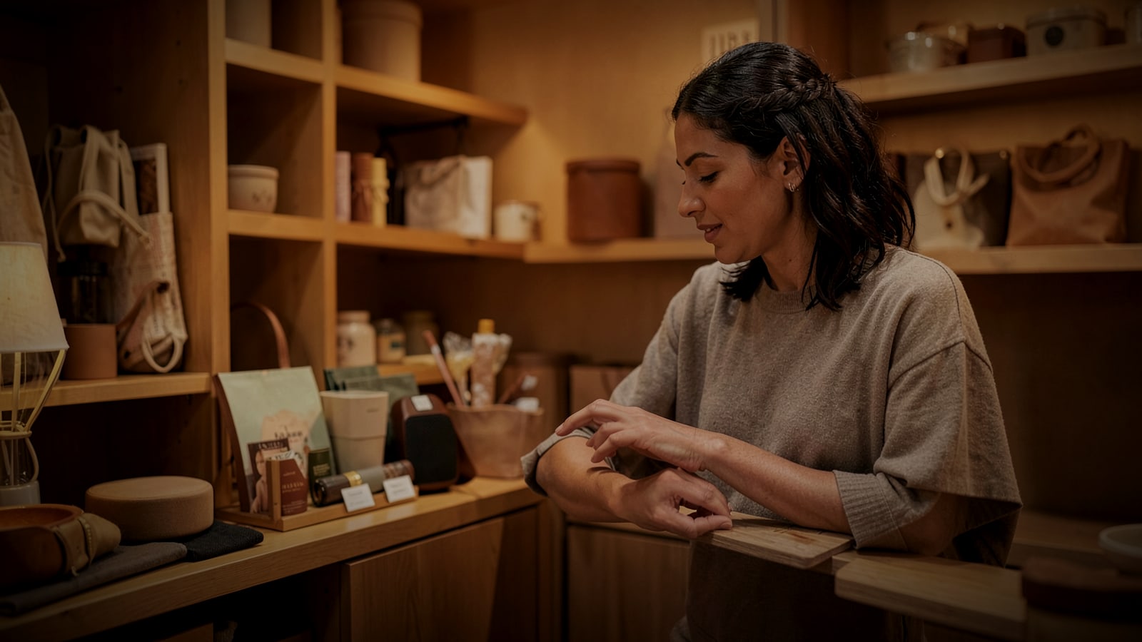 Boutique owner arranging products beside a small speaker on a shelf