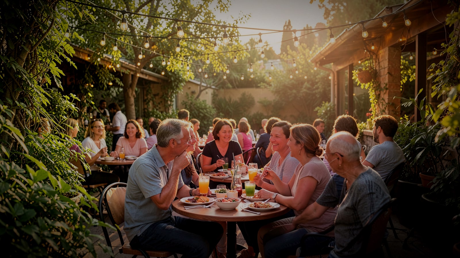 Guests enjoying drinks on a sunny restaurant patio with string lights