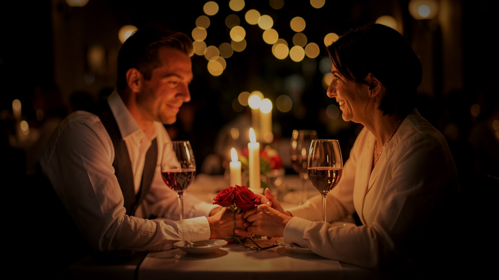 Candlelit restaurant table for two with roses and wine glasses