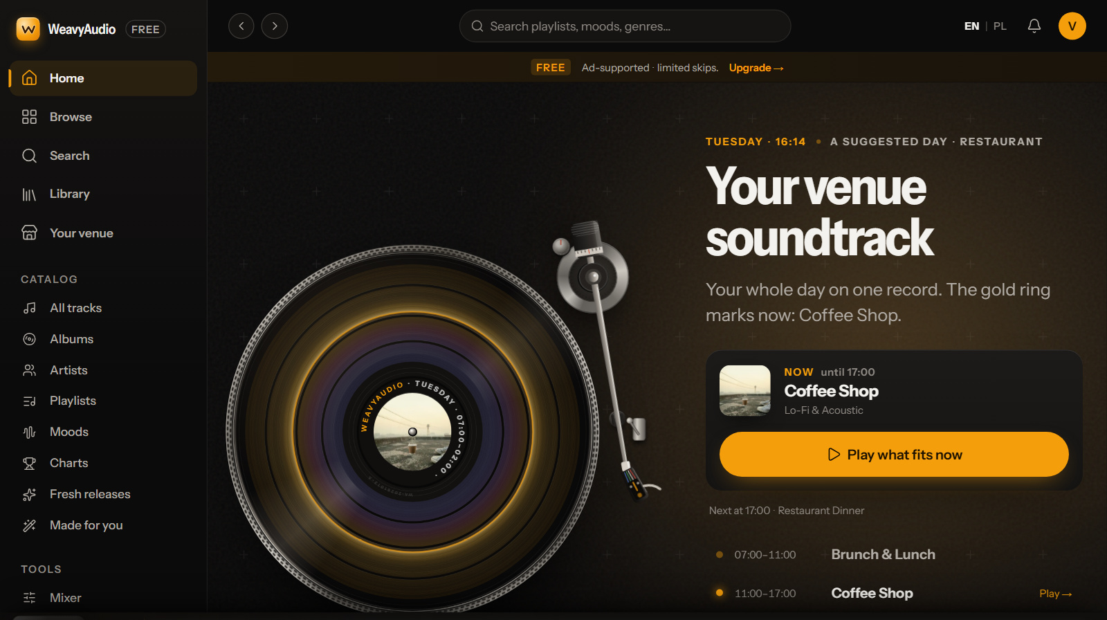 WeavyAudio's new design: a turntable showing the venue's day, with a Play what fits now button