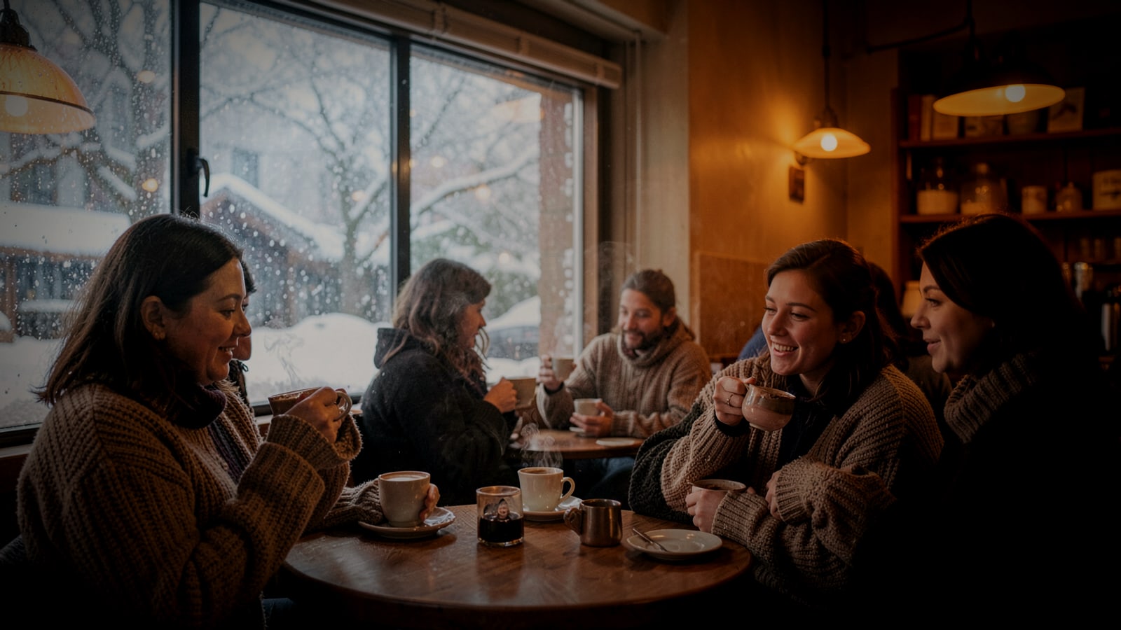 Cozy coffee shop in winter with snow falling outside the window